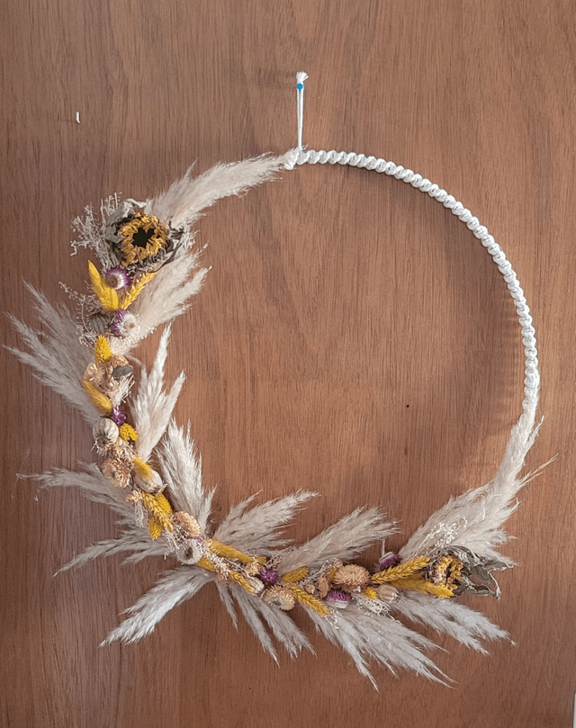 Cercle macramé Fleurs séchées modèle &quot;Jaune&quot; XXL (diamètre : 50 cm)